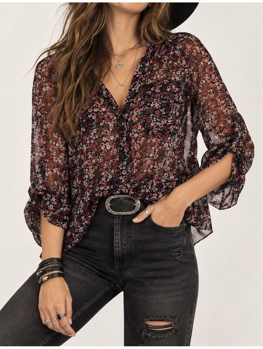 Sheer Floral Button Down Blouse Black Pink Romantic Boho Womens Large Roll Tab